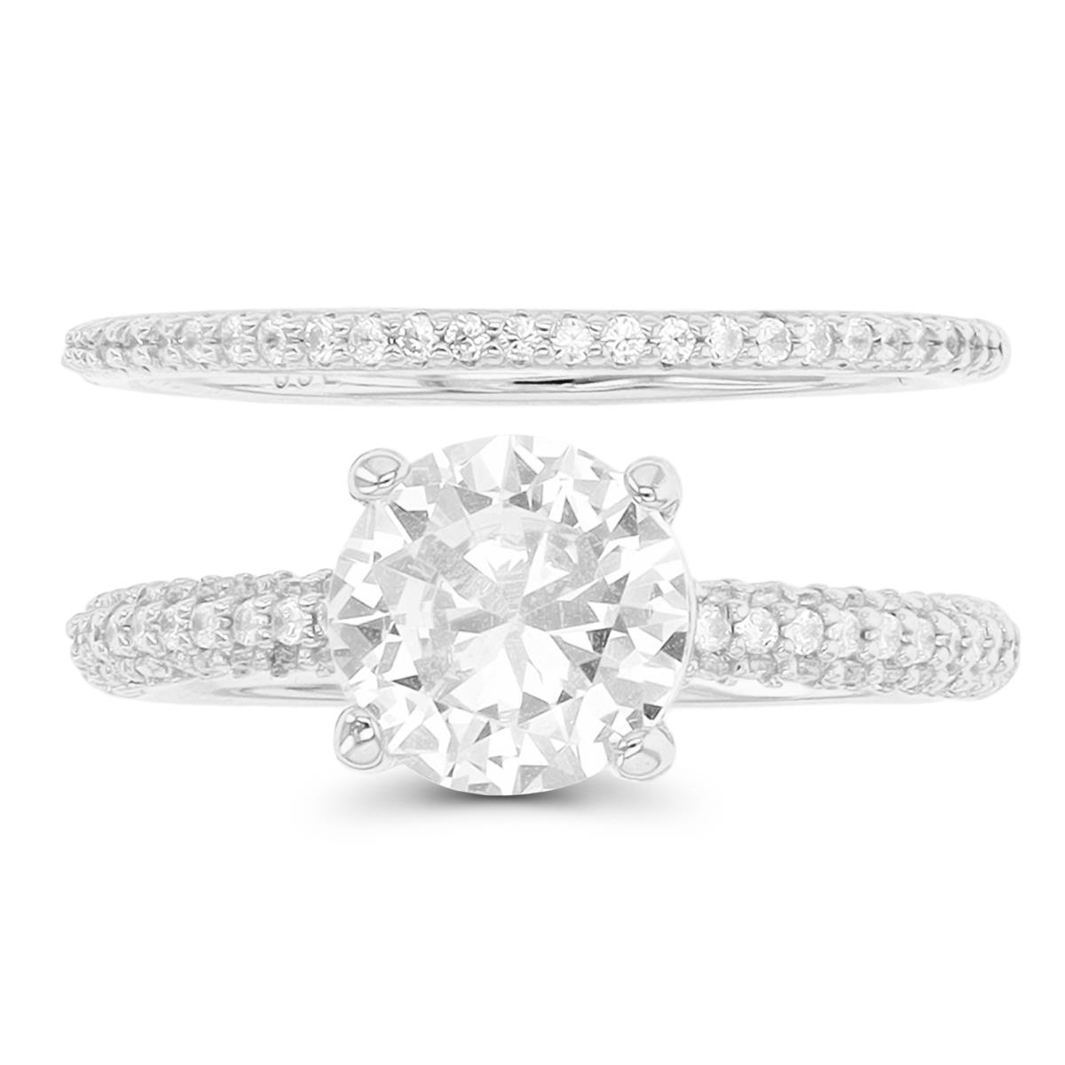 Sterling Silver Rhodium 8mm Rd CZ Paved Wedding Duo Ring