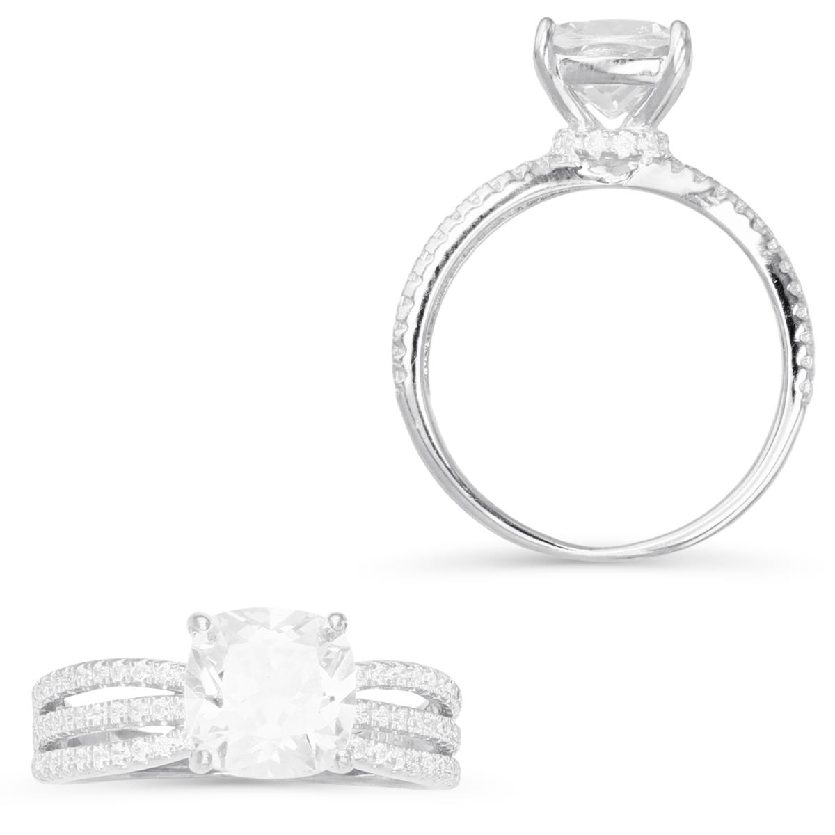 Sterling Silver Rhodium 8MM Polished Cushion Cut White CZ Pave Open Shank Engagement Ring