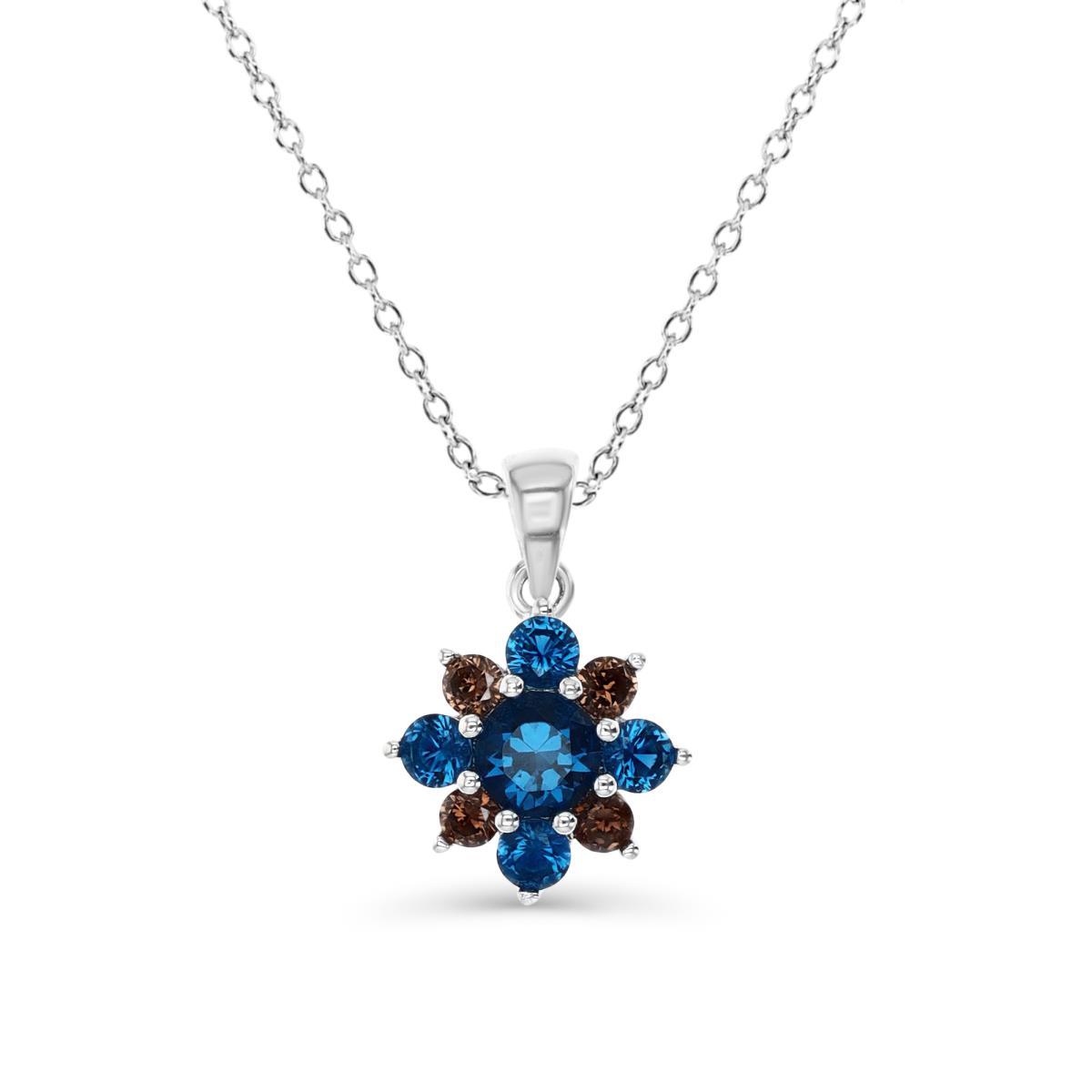 Sterling Silver Rhodium 18X12MM Polished Blue Spinel #136 & Smokey Flower 18'' Necklace