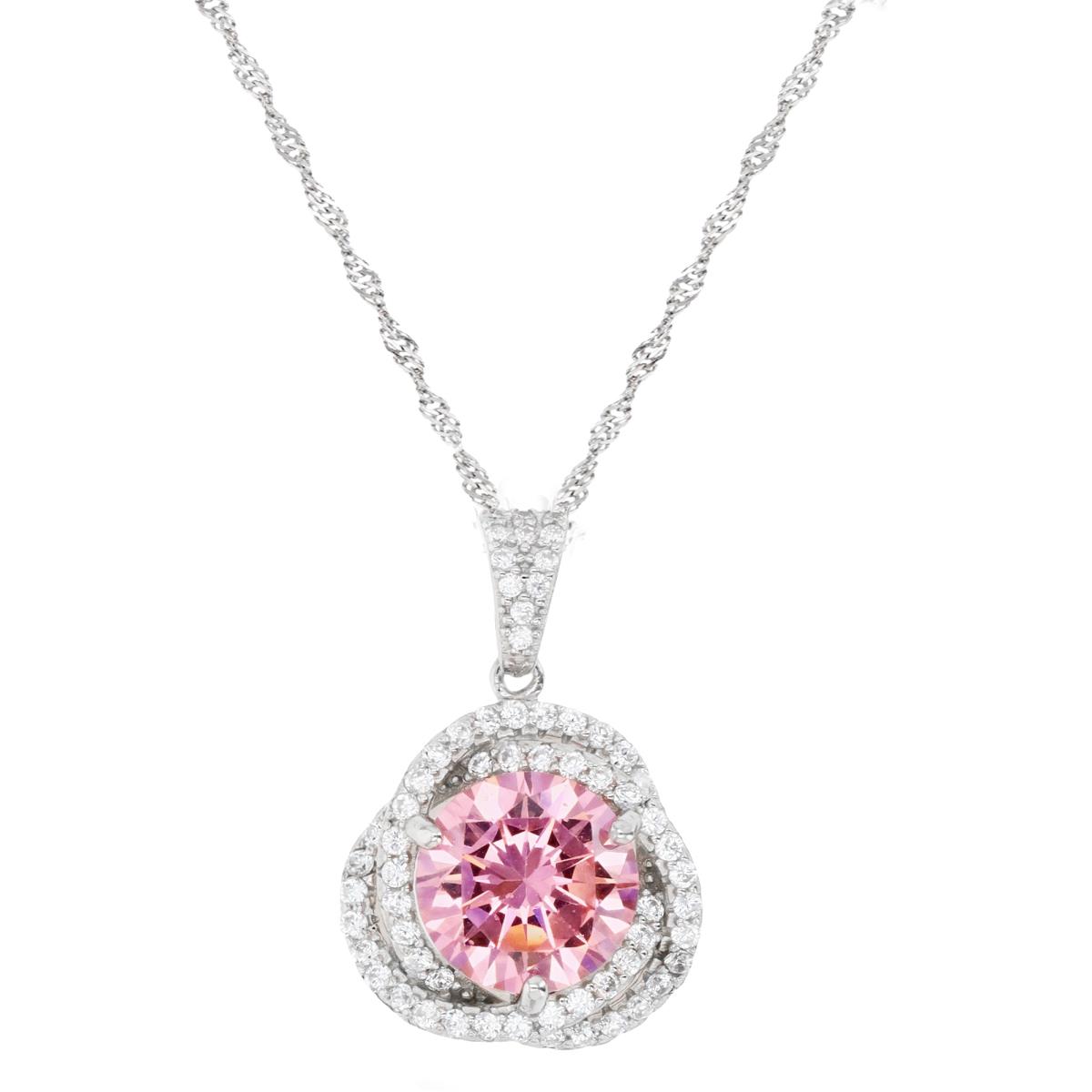 Sterling Silver Rhodium & 10MM Rd Ct. Pink and White CZ Love Knot 18+2" Singapore Necklace