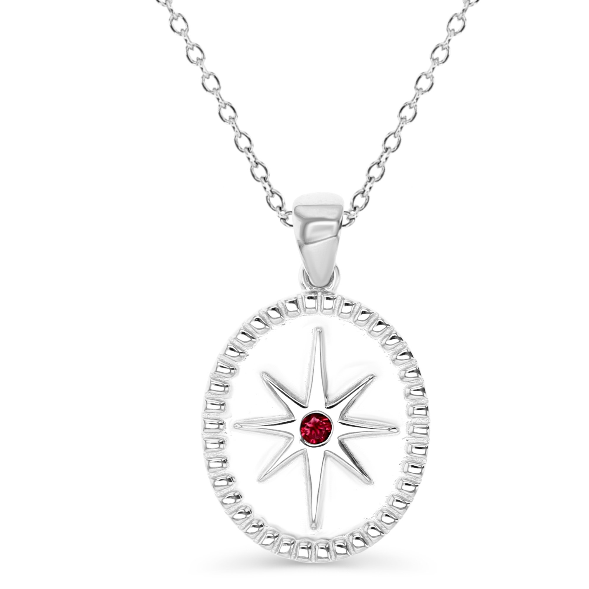 Sterling Silver Rhodium 23X14MM Cr Ruby #8 Star Medal Necklace 18'' Necklace