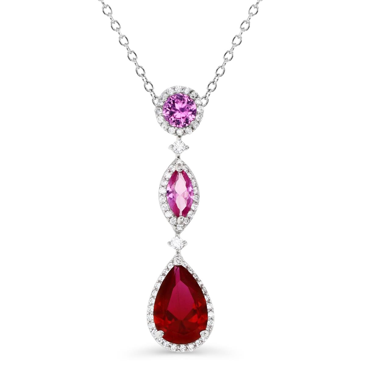 Sterling Silver Rhodium 40X10MM Polished Cr Ruby #3/#8 & White CZ 18'' Necklace