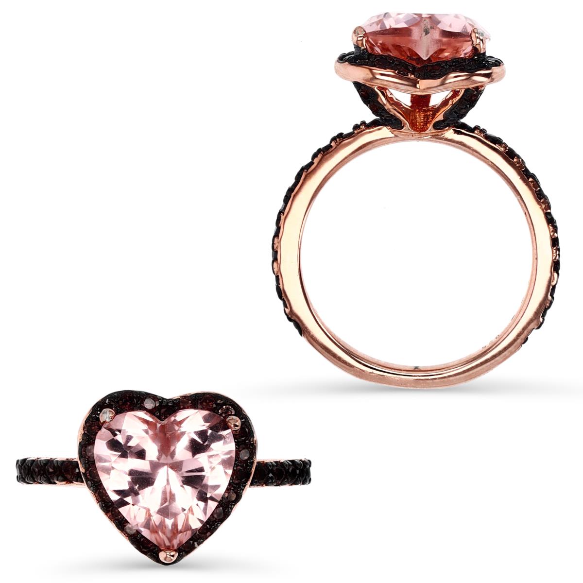 Sterling Silver Black & Rose 10MM Polished Morganite & Smokey Heart Ring
