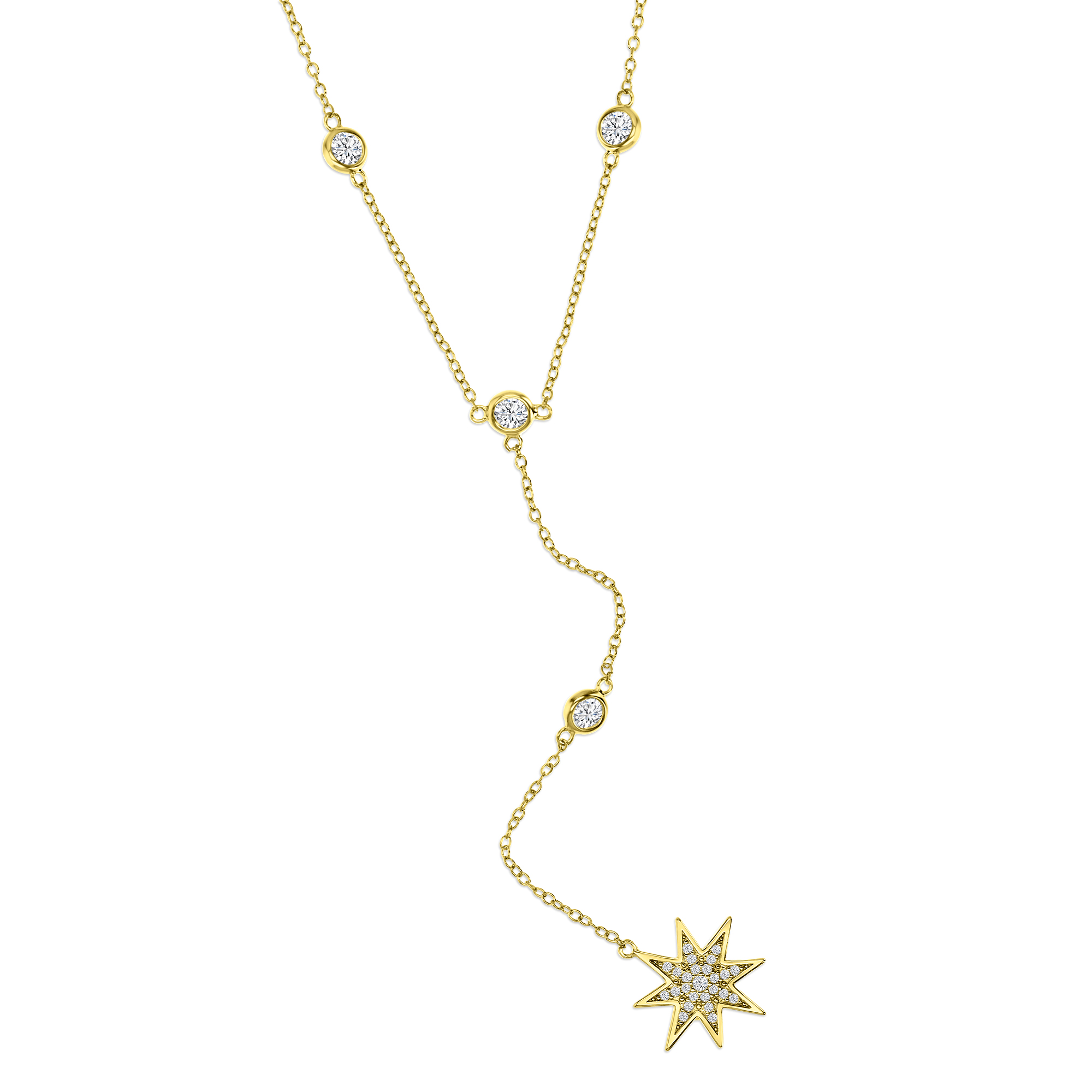 Sterling Silver Yellow 16MM Polished White CZ Pave Danging Star Station 'Y' 18+2'' Necklace