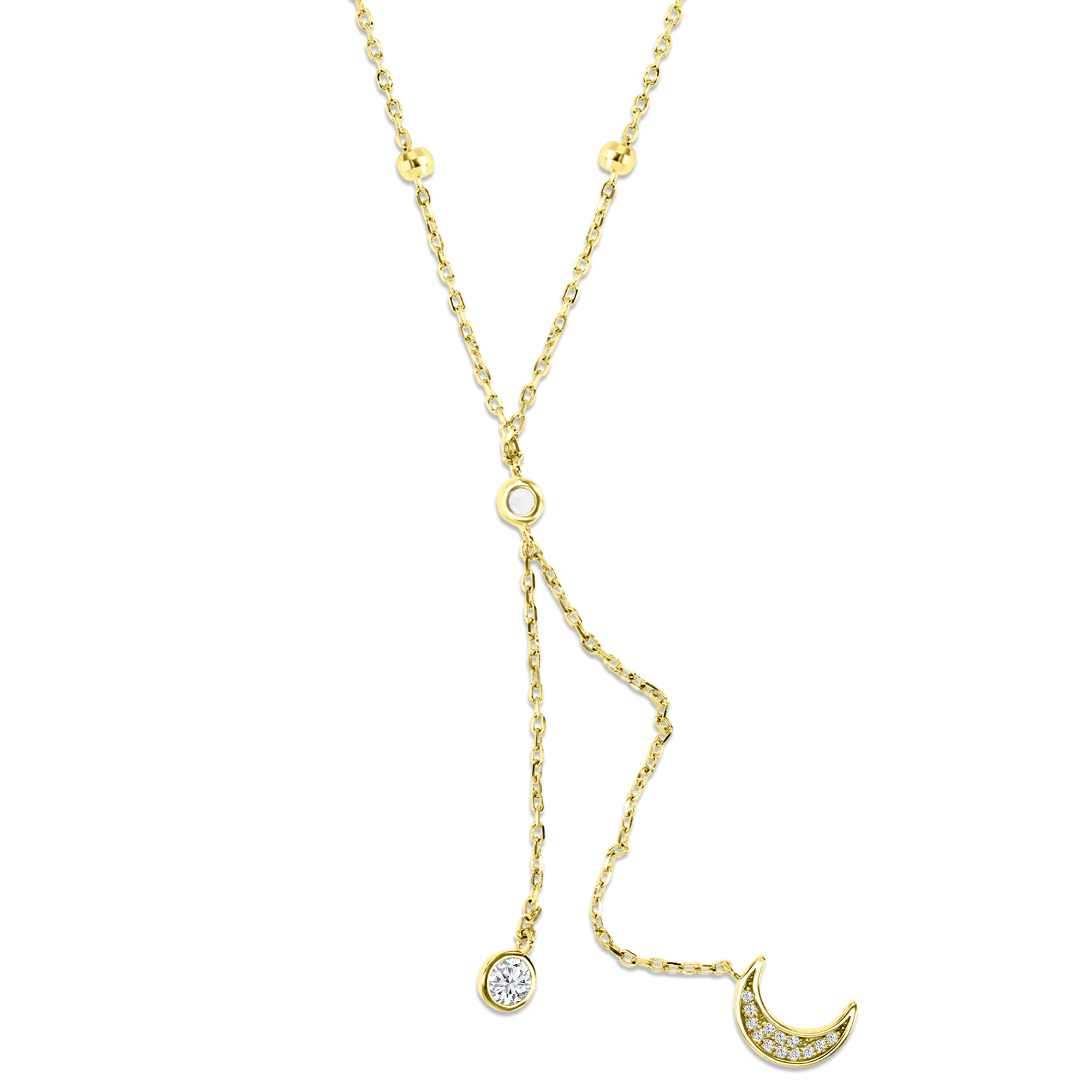 Sterling Silver Yellow 1M 12MM Polished White CZ Station Bezel Dangling Moon 'Y' 18+2'' Necklace