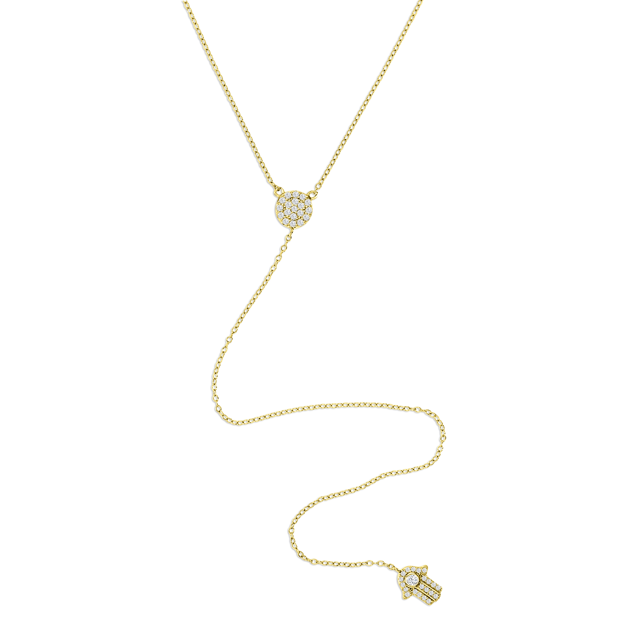 Sterling Silver Yellow 1M 20MM Polished White CZ Pave Dangling Hamza 'Y' 18+2'' Necklace