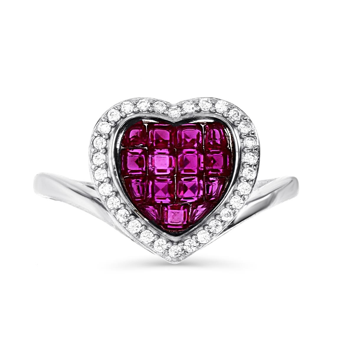 Sterling Silver Rhodium 13X12MM Polished CR Ruby & White CZ Heart Bezel Ring