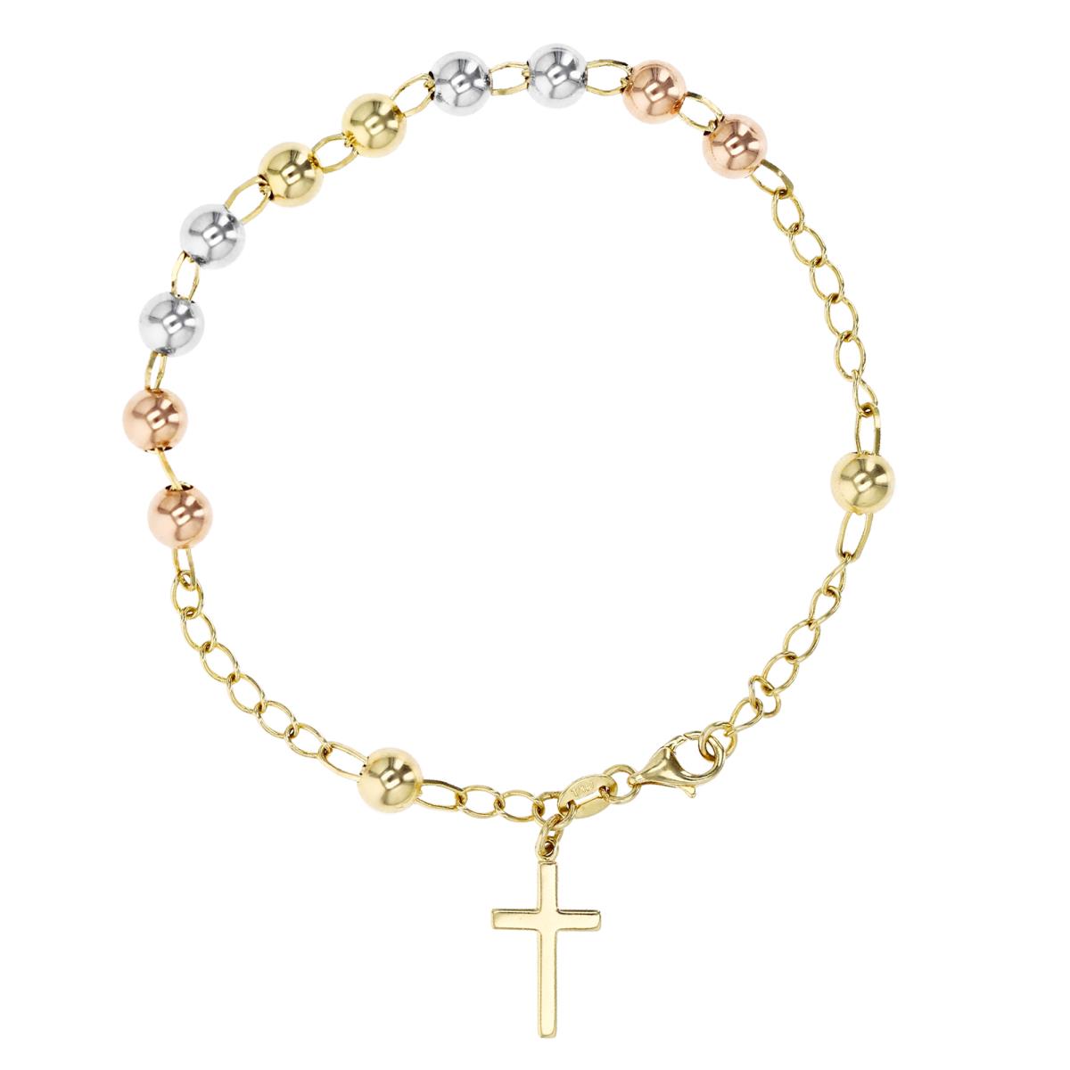 14K Gold Tricolor 5MM Rosary 7.25'' Dangling Cross Bracelet