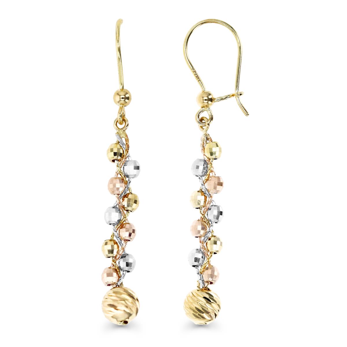 14K Gold Yellow Tri Color Braided Chain and Diamond Cut Beads Dangling Euro Wire Earring