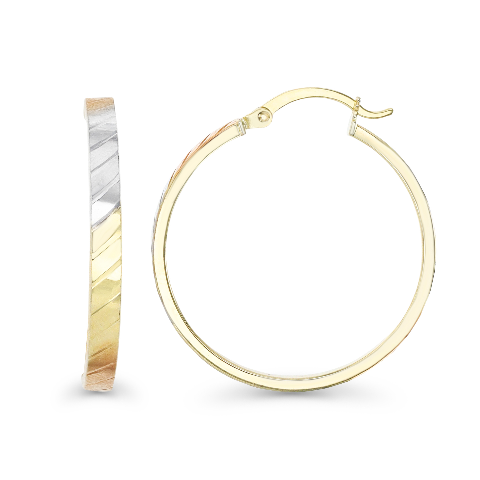 14K Gold Yellow Tricolor 25MM Diamond Cut Hoop Earring
