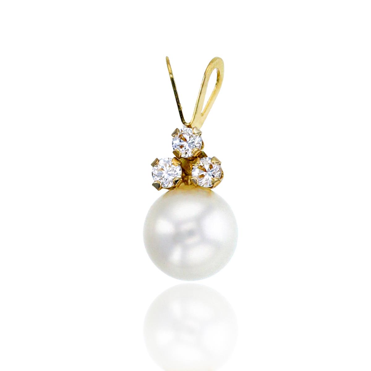 10K Yellow Gold 2mm Rd Cluster & 6mm White Freshwater Pearl Pendant with Double Bail