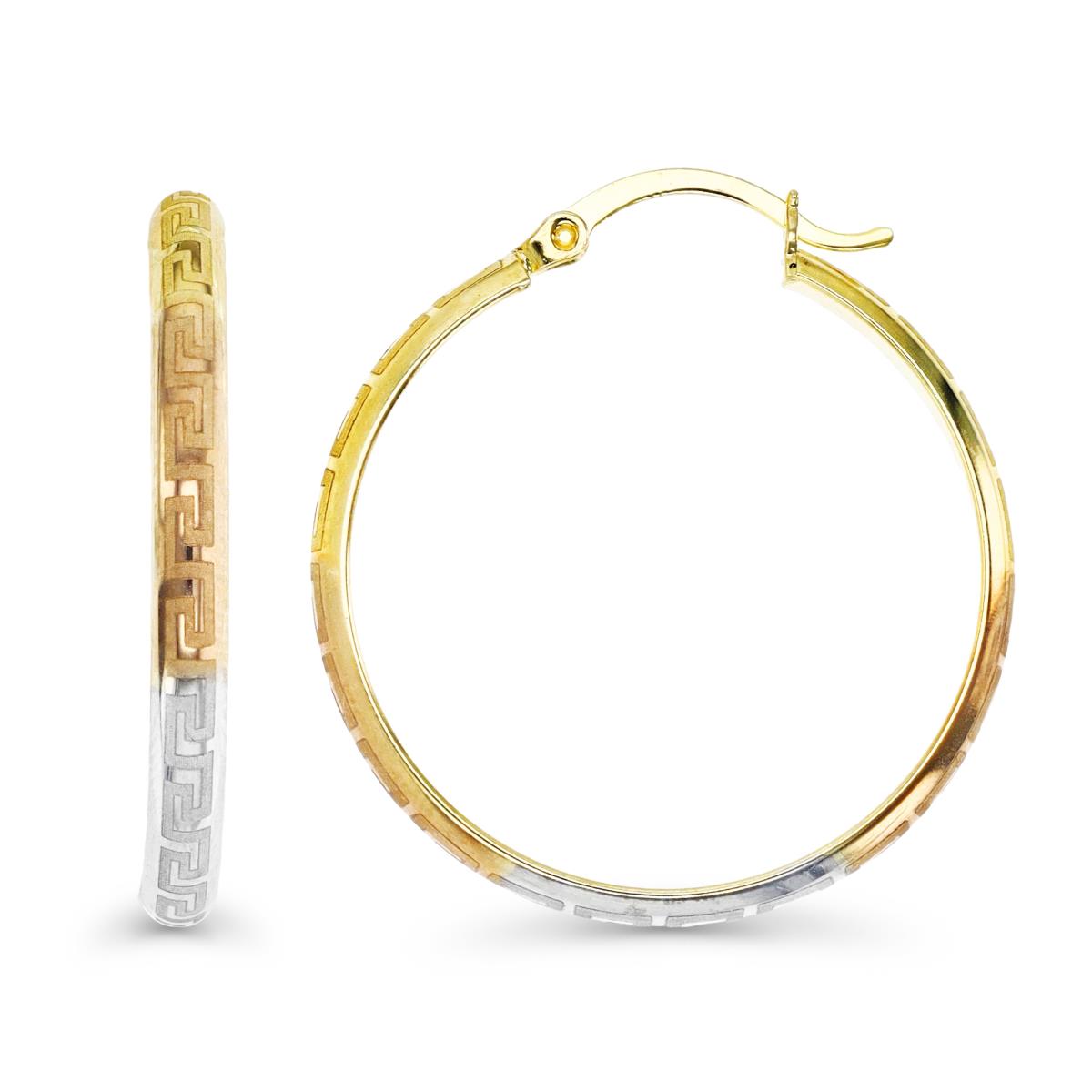 14K Gold Yellow Tri-Color 25MM Textured Greek Hoop Earring