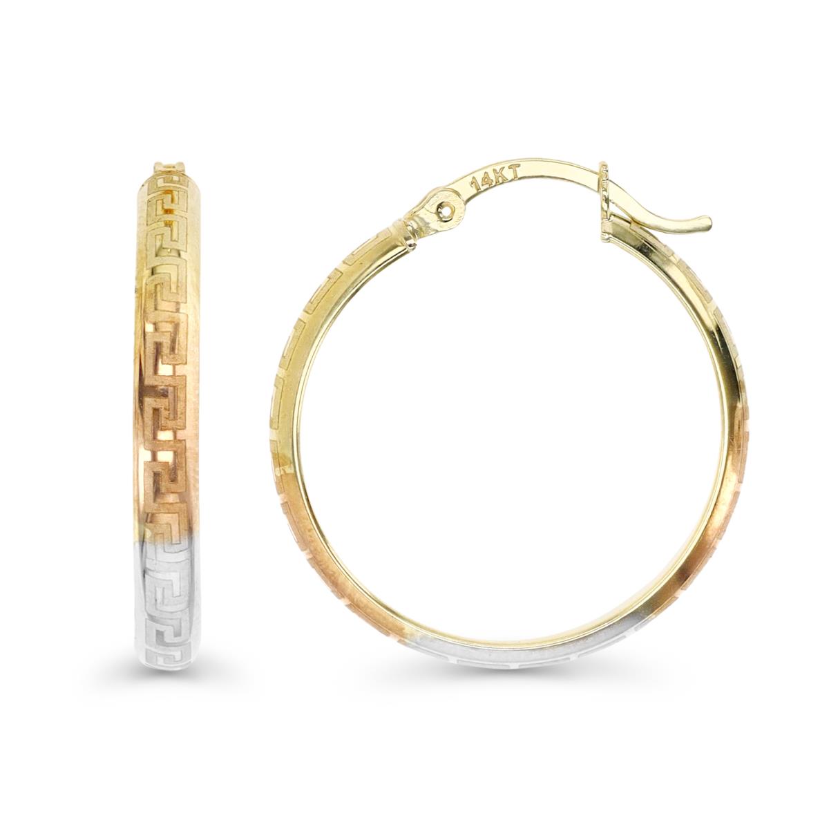 14K Gold Yellow Tri-Color 20MM Textured Greek Hoop Earring