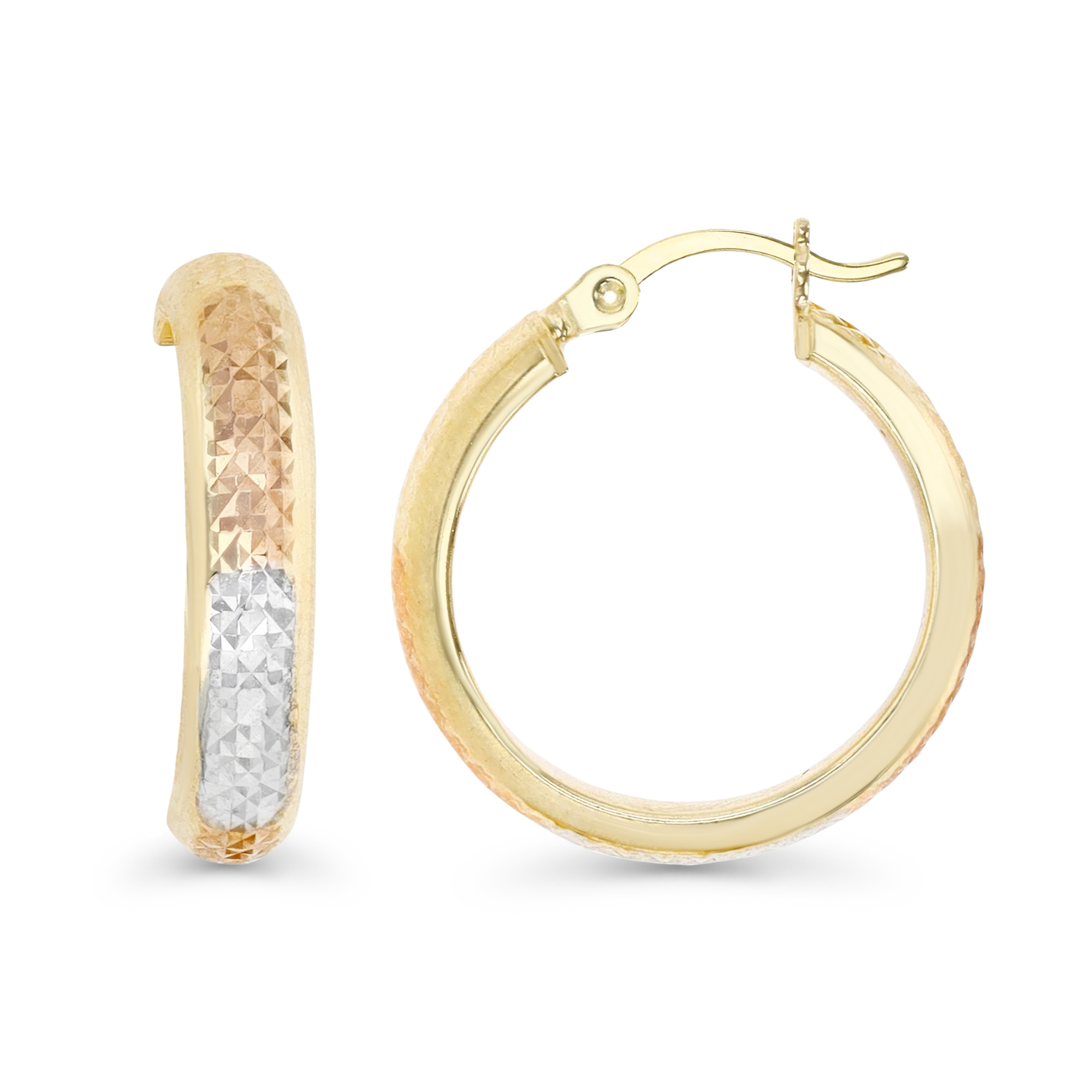 14K Gold Yellow Tri-Color 15MM Textured Hoop Earring