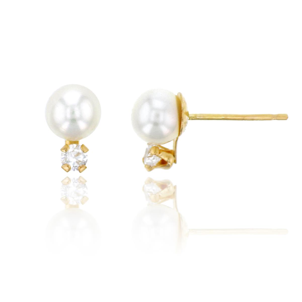 14K Yellow Gold  2.5mm Rd CZ with 5mm White Freshwater Pearl Stud Earring