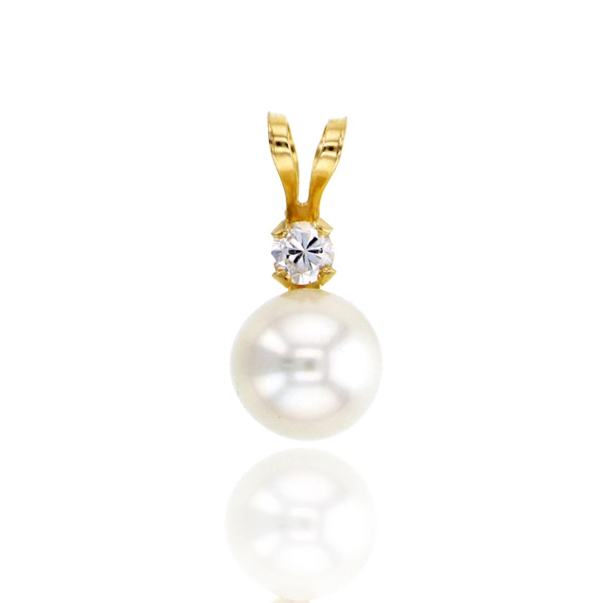 14K Yellow Gold  2.5mm Rd CZ & 6mm White Freshwater Pearl Pendant with Double Bail