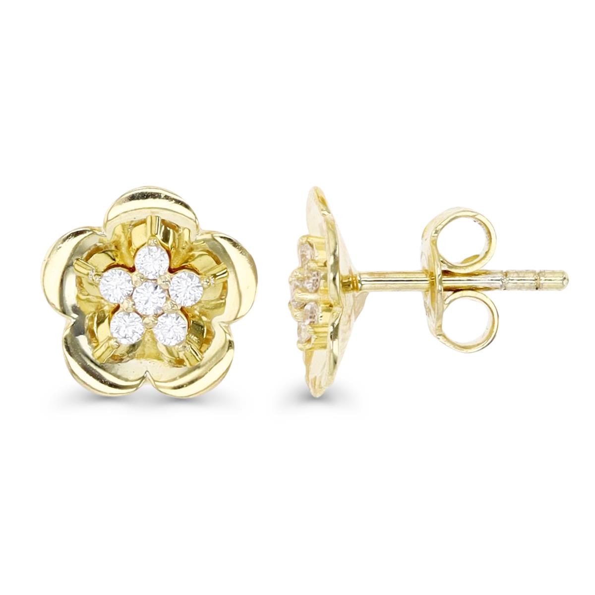 14K Gold Yellow 9.5MM Polished White CZ Flower Stud Earring