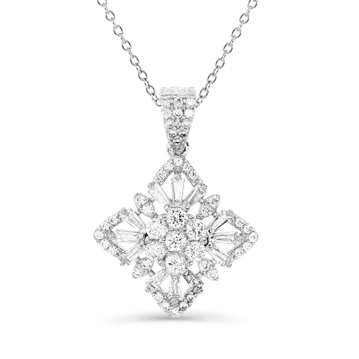 Sterling Silver Rhodium 25X18MM Polished White CZ Rhombus flower Dangling 18'' Rollo Necklace