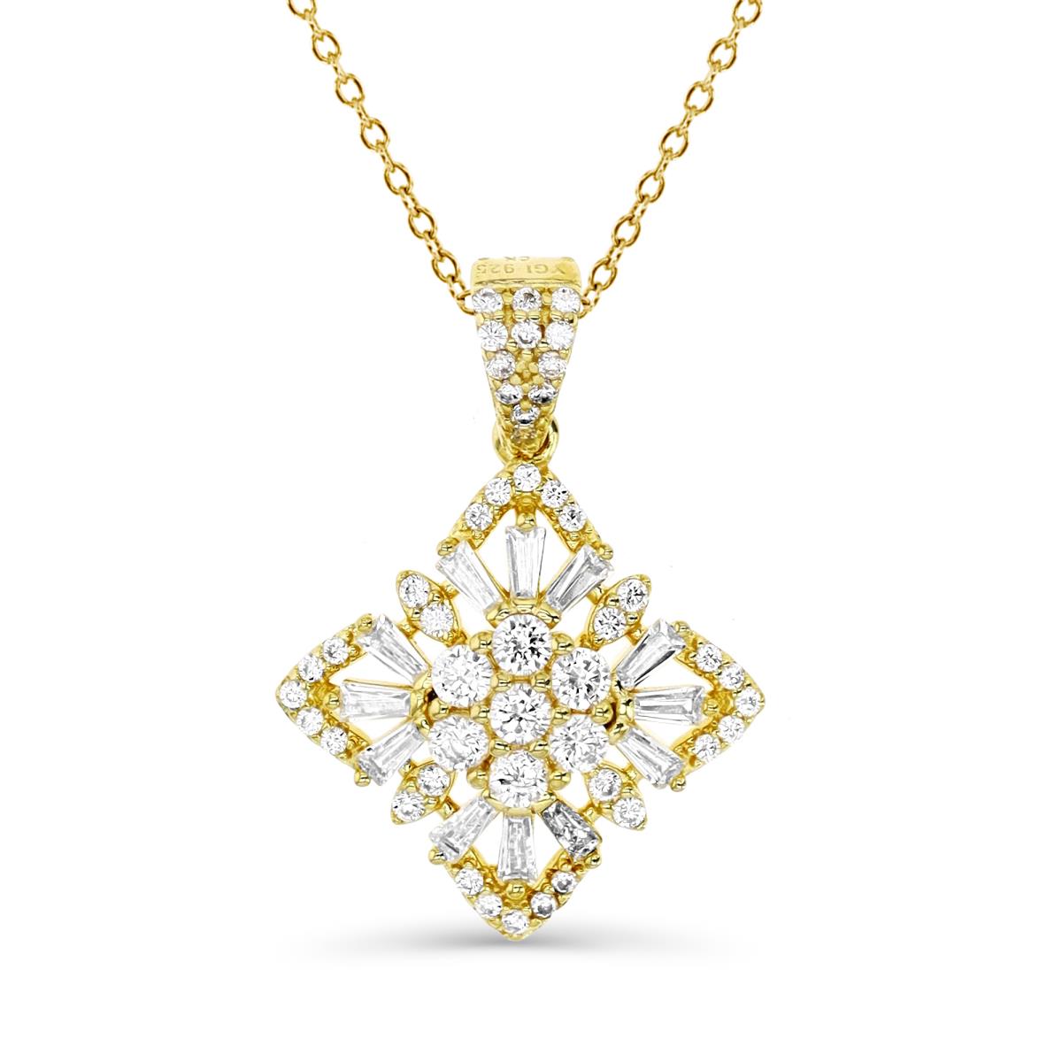 Sterling Silver Yellow 1M 25X18MM Polished White CZ Rhombus flower Dangling 18'' Rollo Necklace