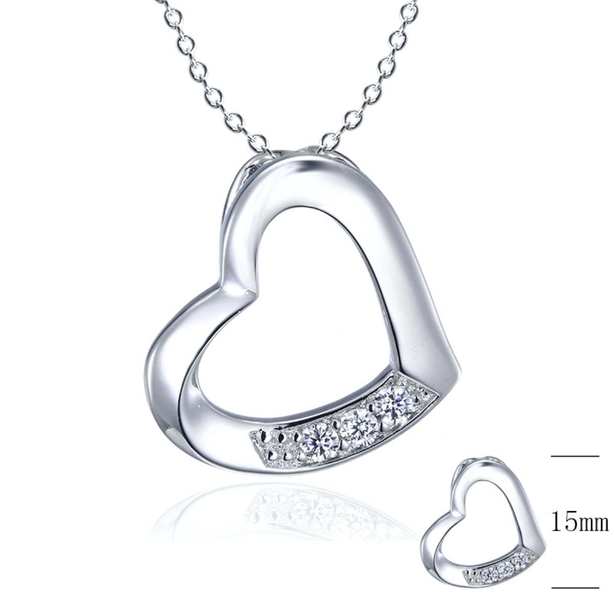 Sterling Silver Rhodium 15MM Polished White CZ Dangling Heart 18" Rollo Necklace