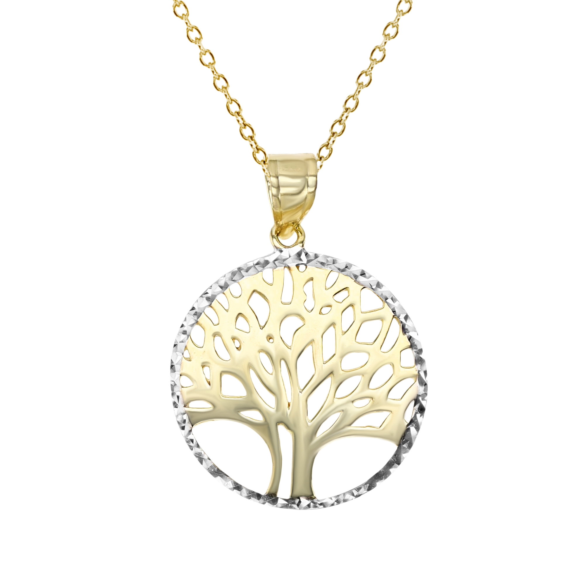 14K Gold Yellow & White 26X19MM Polished & DC Tree Of Life 16+2'' Necklace
