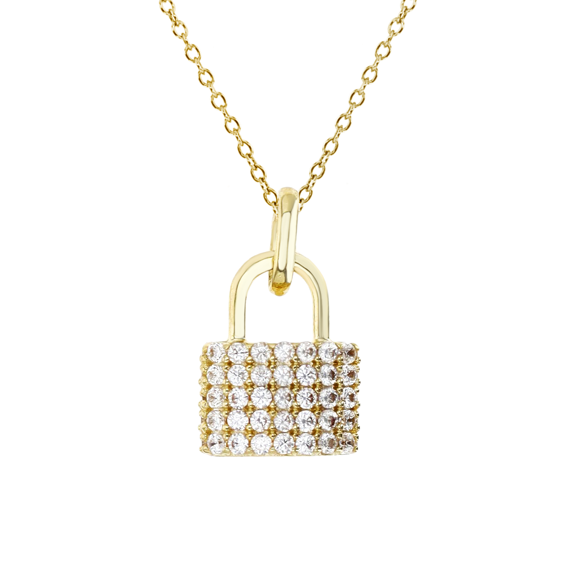 18K Gold Yellow 16X10MM Polished White CZ Pave Lock 16+2'' Necklace