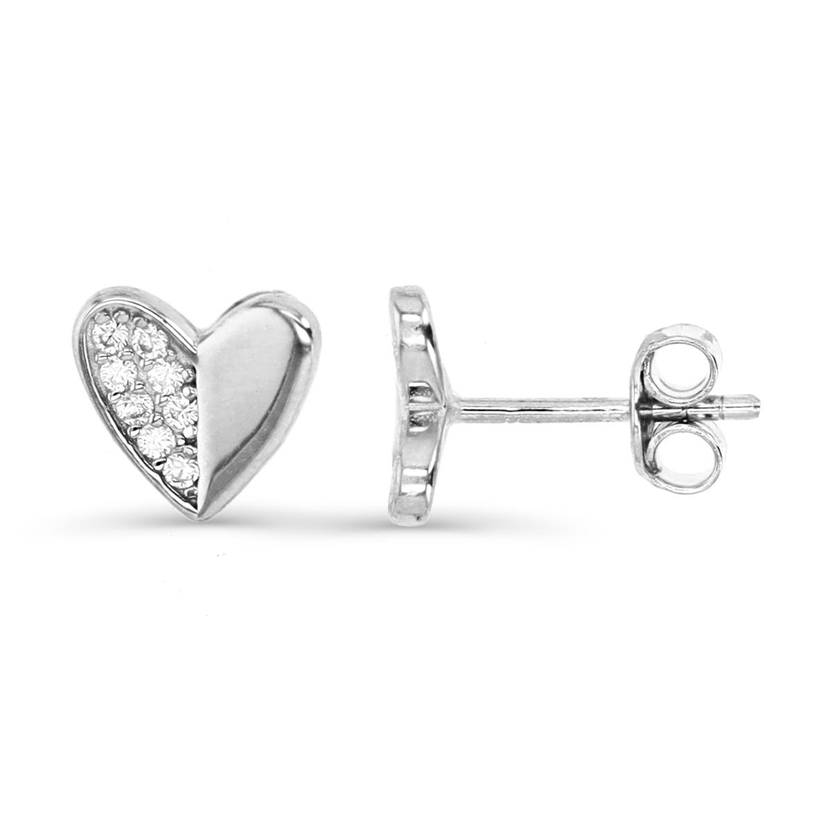 Sterling Silver Rhodium 8X8MM Polished White CZ Half Pave Heart  Stud Earring