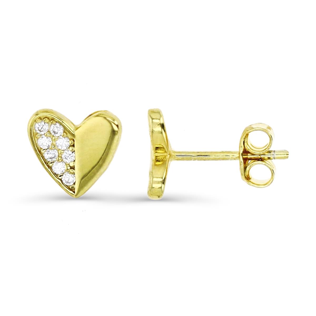 Sterling Silver Yellow  8X8MM Polished White CZ Half Pave Heart  Stud Earring