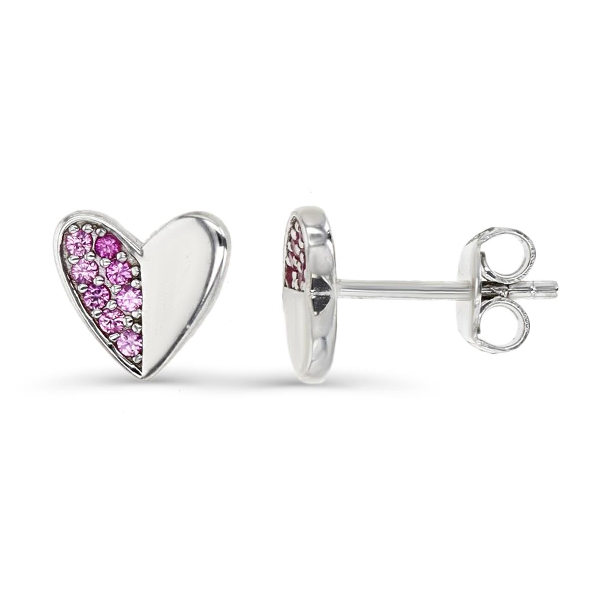 Sterling Silver Rhodium 8X8MM Polished Created Ruby #3 Half Pave Heart  Stud Earring