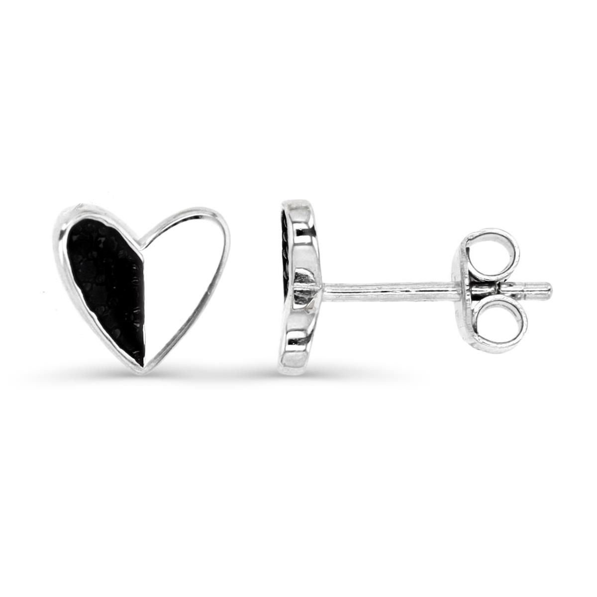 Sterling Silver Rhodium 8X8MM Polished Black Spinel Half Pave Heart  Stud Earring