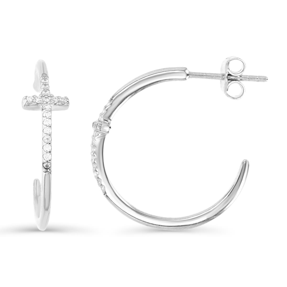 Sterling Silver Rhodium 20X5MM Polished White CZ Pave Cross Hoop Earring