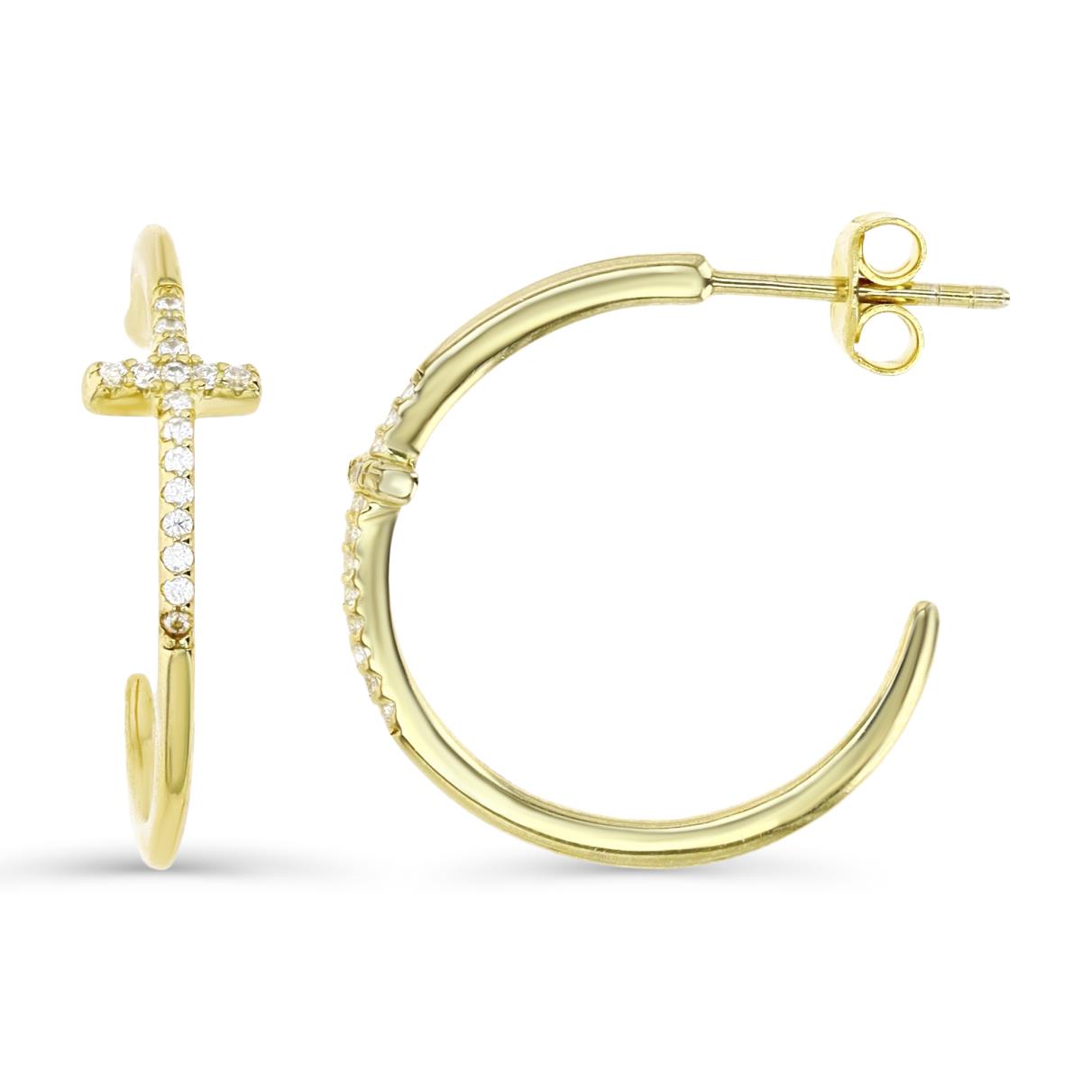 Sterling Silver Yellow 20X5MM Polished White CZ Pave Cross Hoop Earring