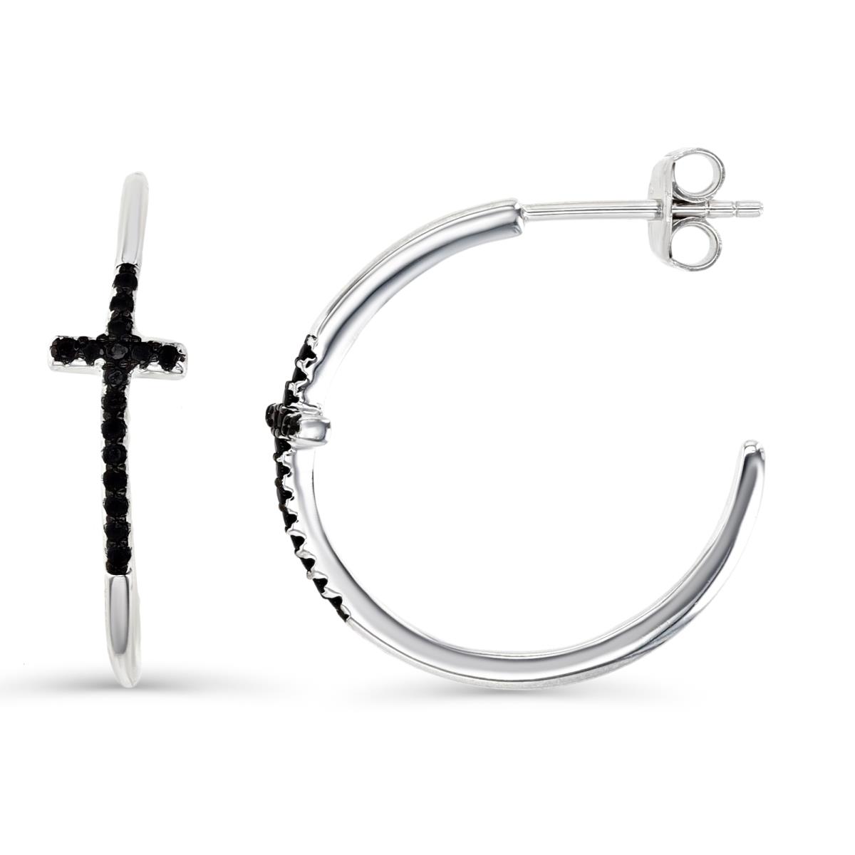 Sterling Silver Rhodium 20X5MM Polished Black Spinel  Pave Cross Hoop Earring