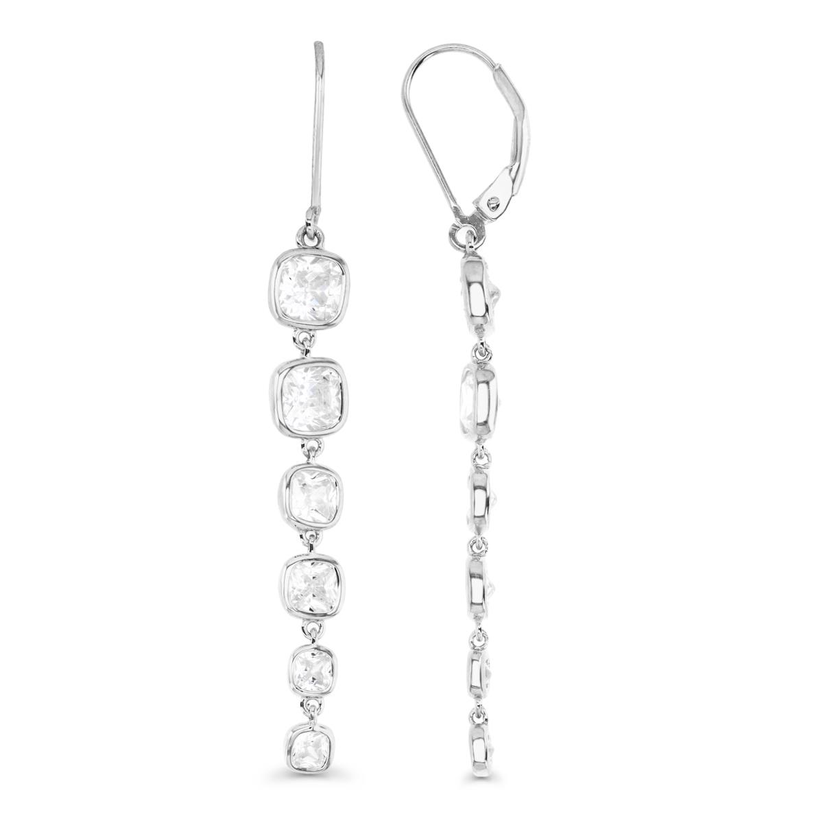 Sterling Silver Rhodium 57X6MM Polished White CZ Bezel Graduated Lever Back Earring