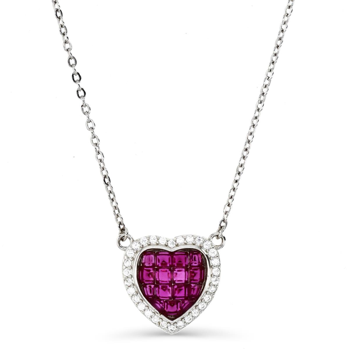Sterling Silver Rhodium 13X13MM CR Ruby & White CZ Halo Heart Dangling 18+2'' Necklace