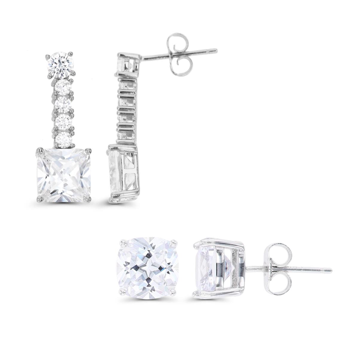 Sterling Silver Rhodium Cushion Cut Drop & Solitaire Earring Set