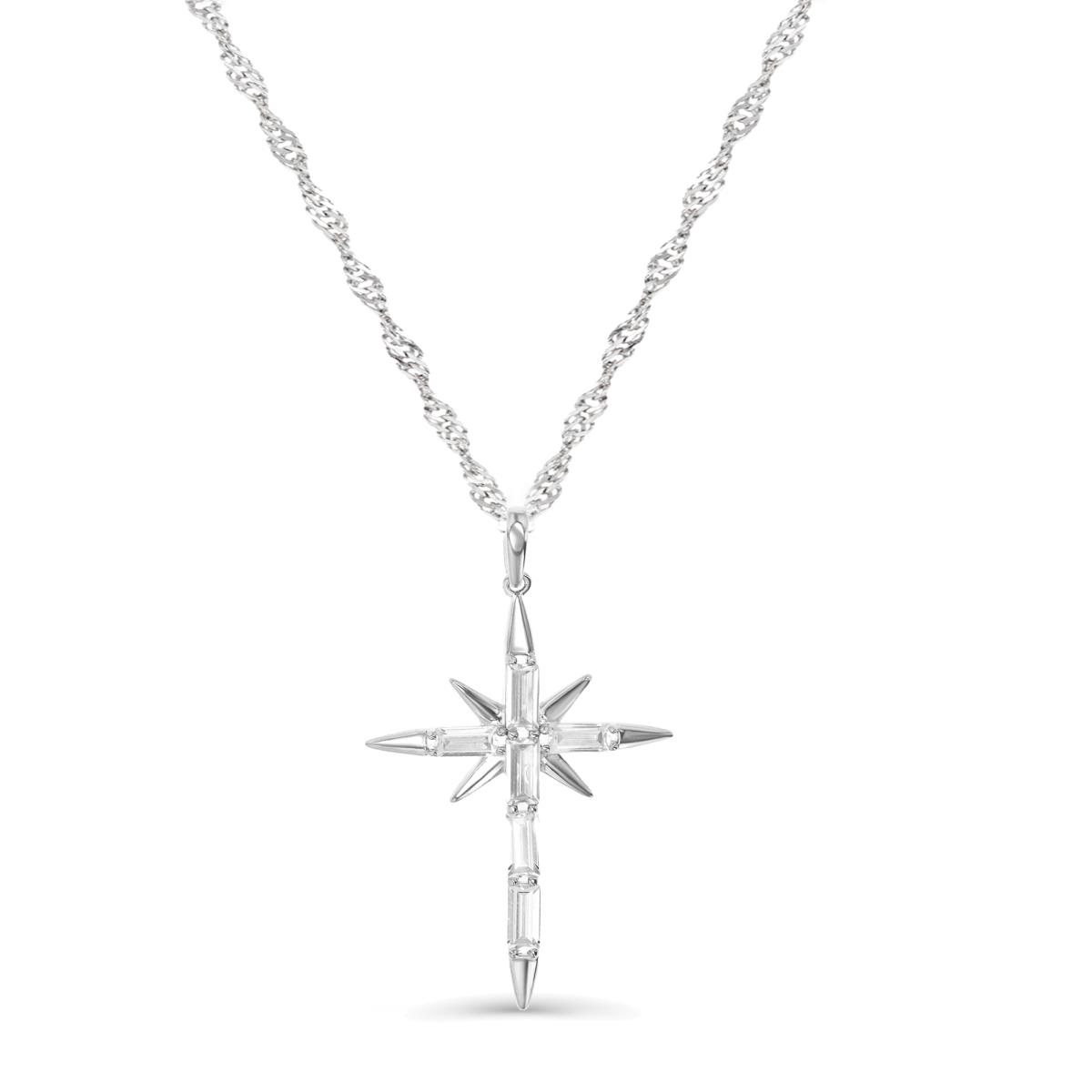 Sterling Silver Rhodium 43X22MM Polished White CZ Stg Baguette Cross Necklace 18+2" Singapore Necklace