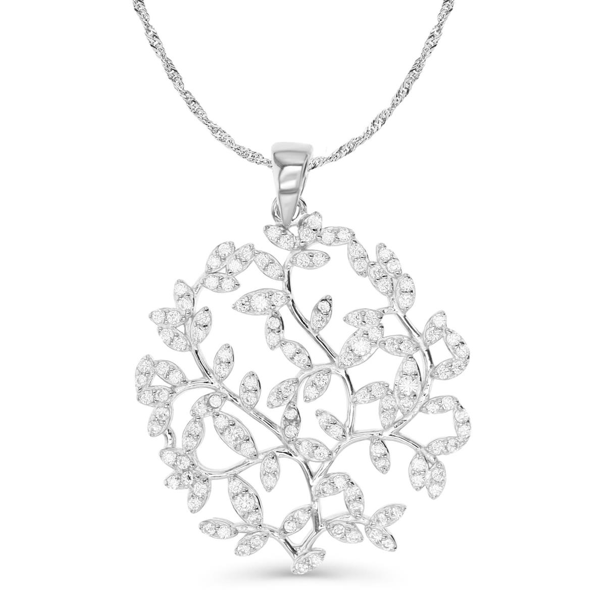 Sterling Silver Rhodium 32X25MM Polished White CZ Leaf & Tree 18+2'' Singapore Necklace
