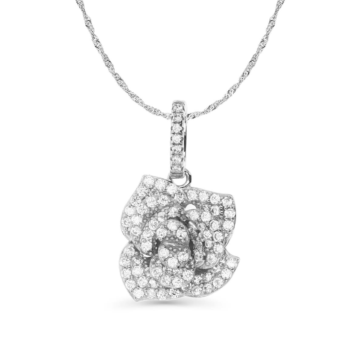 Sterling Silver Rhodium 25X14MM Polished White CZ Pave Rose 18+2'' Singapore Necklace