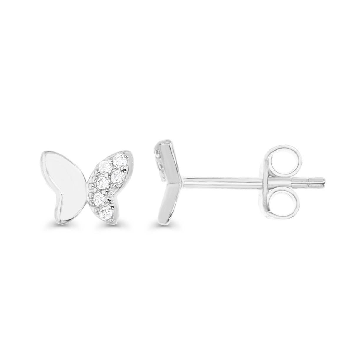 Sterling Silver Rhodium 6X5MM Polished White CZ Half Pave Butterfly Stud Earring