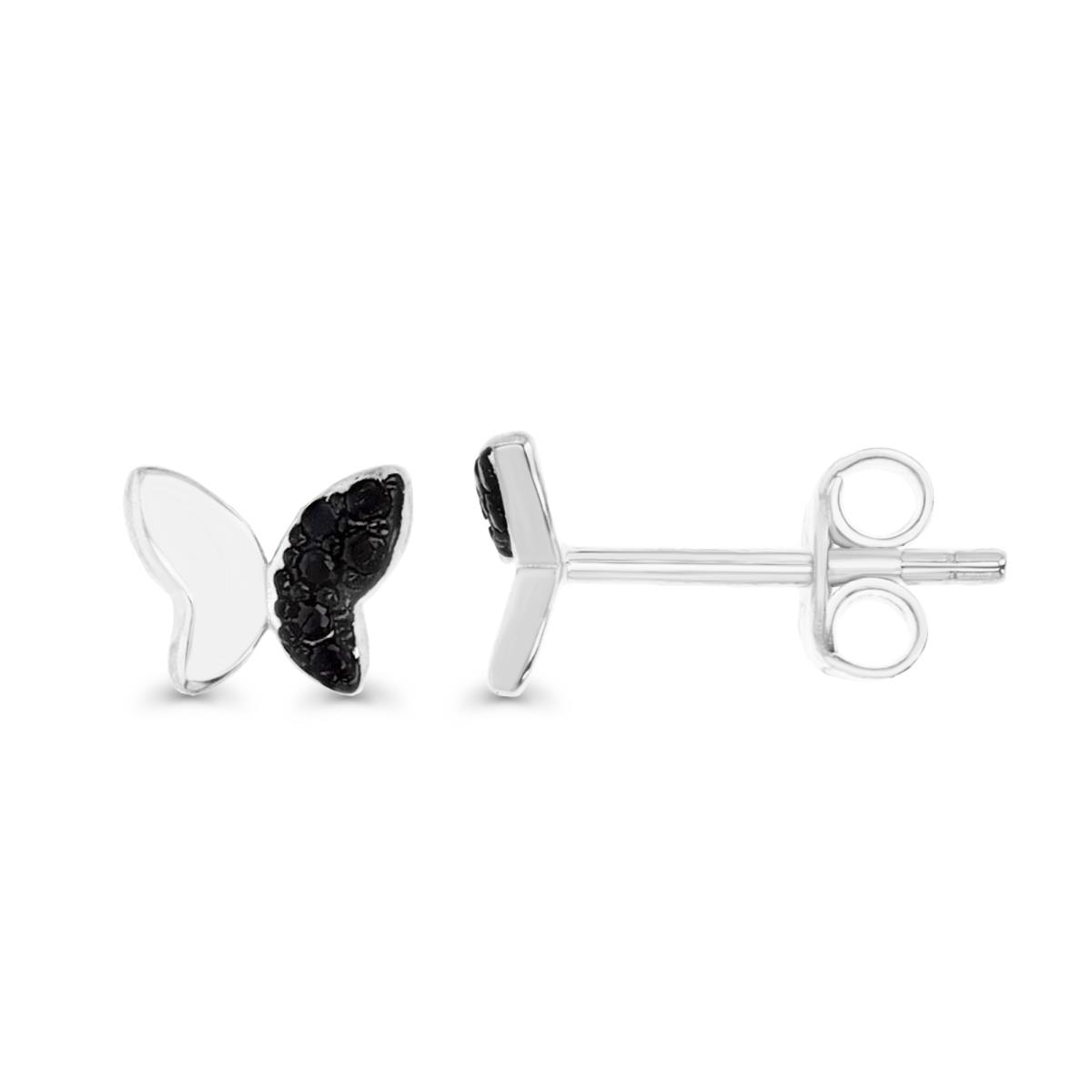 Sterling Silver Rhodium 6X5MM Polished Black Spinel Half Pave Butterfly Stud Earring