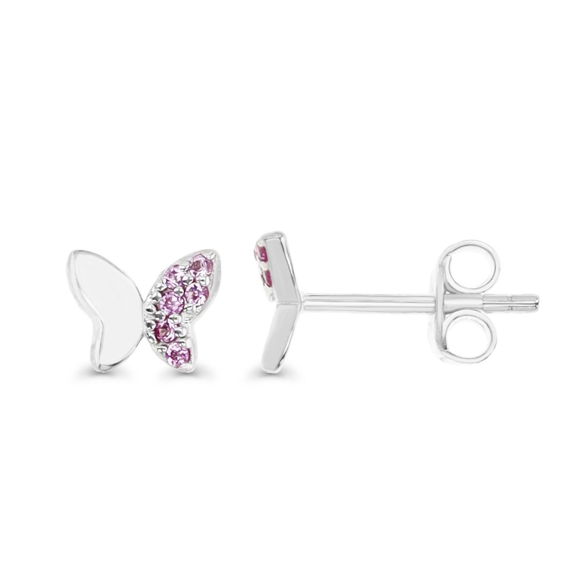 Sterling Silver Rhodium 6X5MM Polished Ruby Half Pave Butterfly Stud Earring