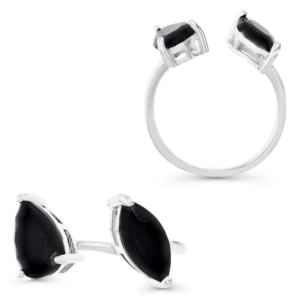 Sterling Silver Rhodium 10X5MM Polished Double Stone Design Black CZ Marquise & Pear Shape Open  Ring