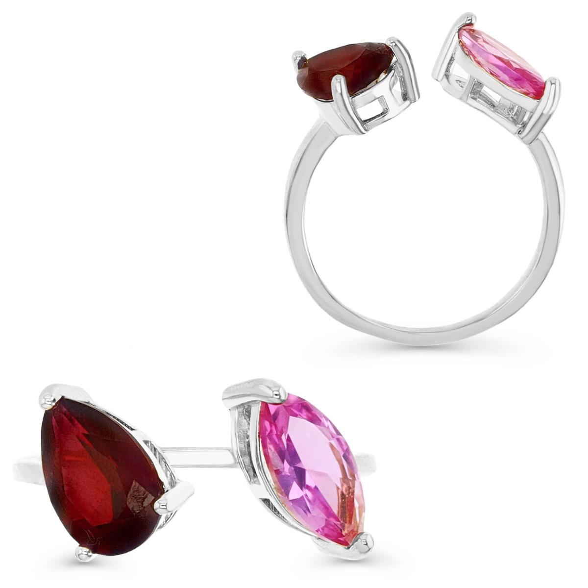 Sterling Silver Rhodium 10X5MM Polished Double Stone Design Cr Ruby Marquise & Pear Shape Open  Ring