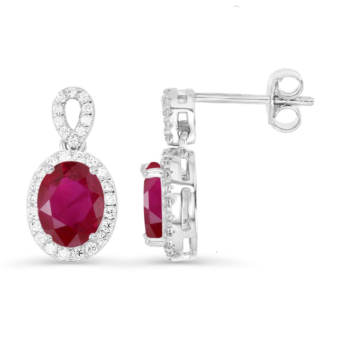 Sterling Silver Rhodium 16XMM Polished Cr Ruby & White CZ Halo Dangling Earring