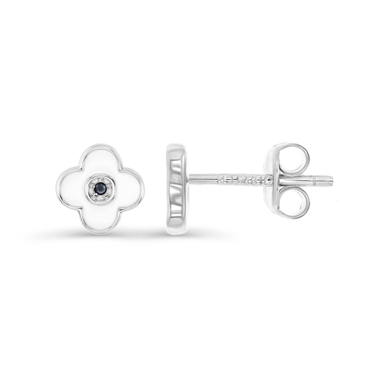 Sterling Silver Rhodium 7MM Polished White Enamel & Black Spinel Flower Stud Earring