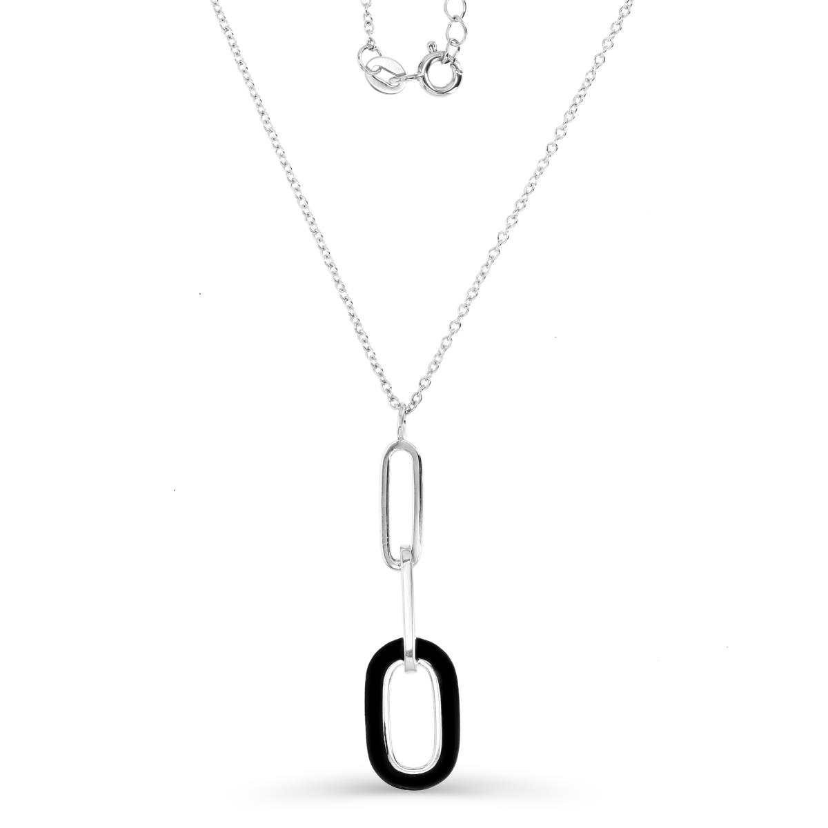 Sterling Silver Rhodium 40MM Polished Black Enamel Dangling Paperclip Link 18+2'' Necklace