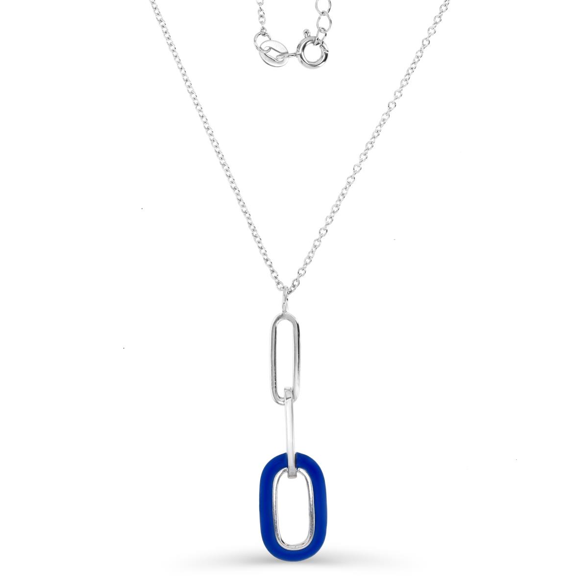 Sterling Silver Rhodium 40MM Polished Blue Enamel Dangling Paperclip Link 18+2'' Necklace