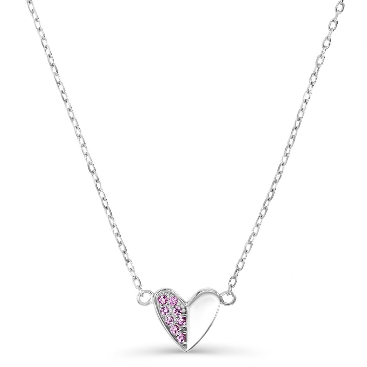 Sterling Silver Rhodium 8MM Polished Cr Ruby Half Pave Heart 13+2'' Necklace