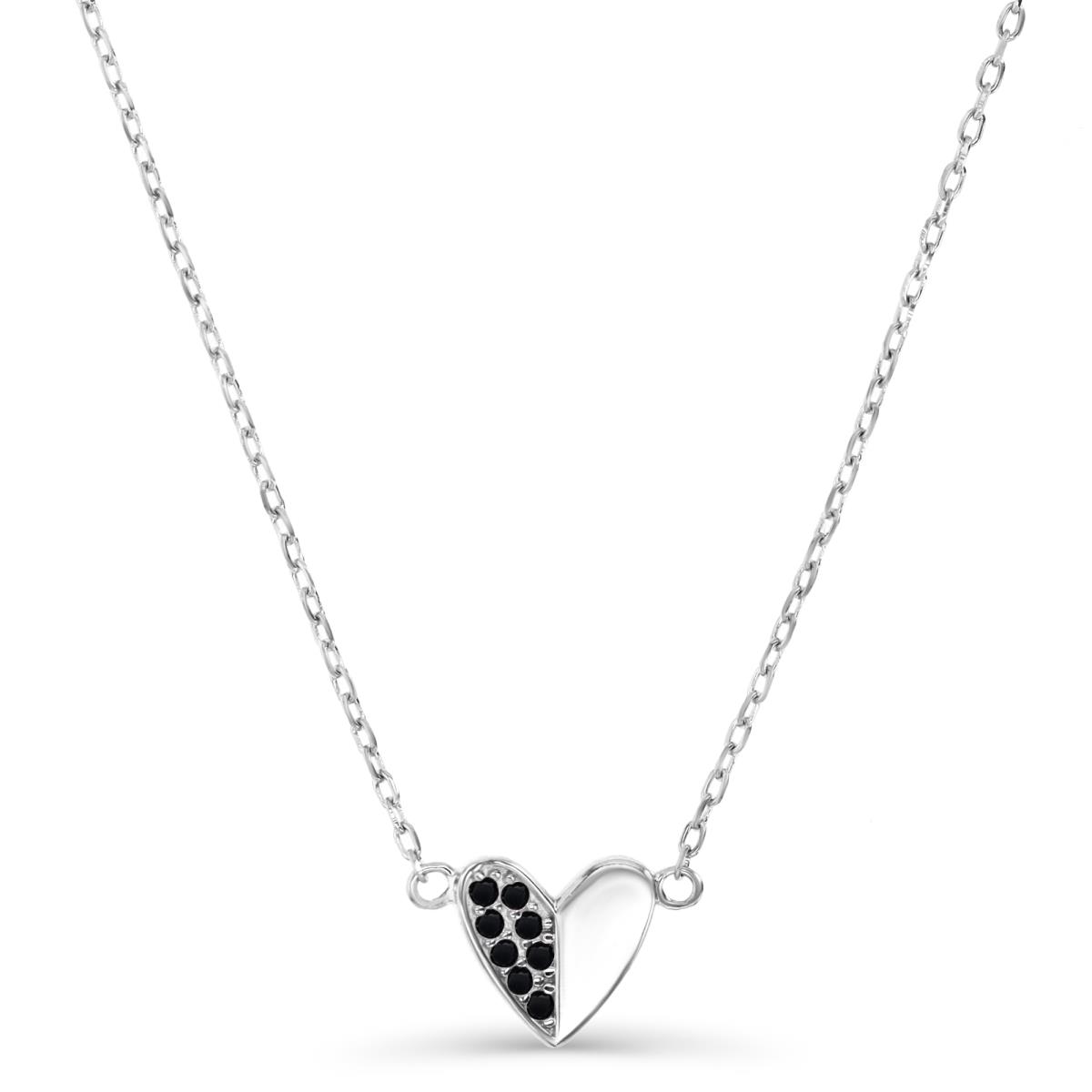 Sterling Silver Rhodium 8MM Polished Black Spinel Half Pave Heart 13+2'' Necklace